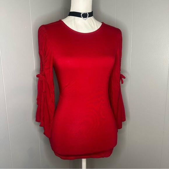 Cupio Red Ruched Bell Sleeve Top – Criss Cross Back Y2K Romantic Fairycore - Picture 2 of 8